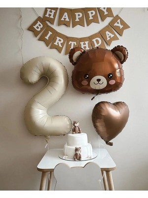 Retro Krem Yaş Folyolu Ayıcık Folyolu Kraft Happy Birthday Flama Konsept Doğum Günü Parti Seti Süsü