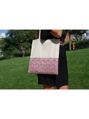 Mediterian Renkli desenli iç cepli ve cırtlı kanvas çanta 36x40cm, günlük kullanım için ideal