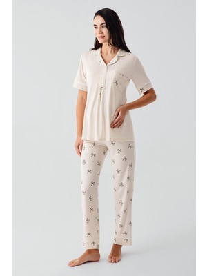 Fiyonk Desenli Düğmeli Kısa Kollu  Esnek Viskoz Hamile Pijama Takım 17207