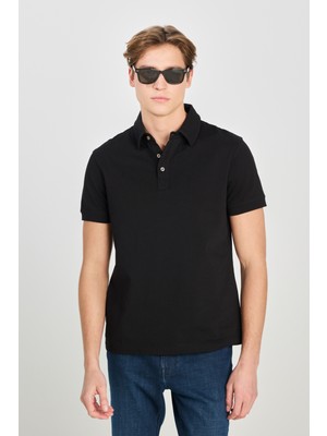 %100 Pamuk Regular Fit Normal Kesim Siyah Polo Yaka Tişört