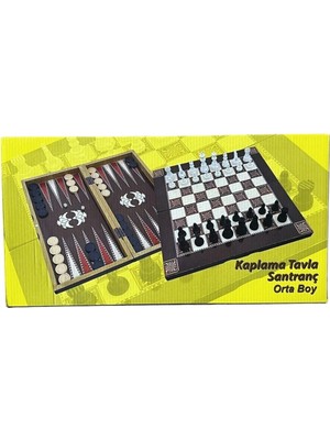 Eser Orta Boy Kaplama Ahşap Tavla ve Satranç Takımı Zar ve Oyun Taşları Dahil