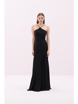 Halter Yaka Boncuklu Maksi Boy Elbise Siyah Y2511323_001