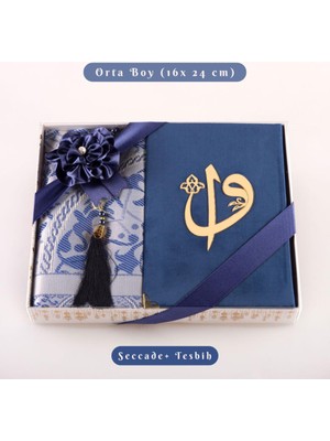 Kuran +  Seccade +  Tesbih Hediye Seti (Orta Boy, Kadife, Desenli Kutu, Lacivert)