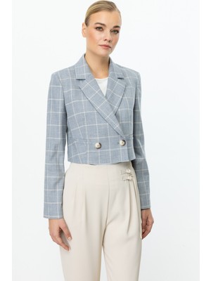 Ekol Ekoseli Crop Ceket Indıgo 04030