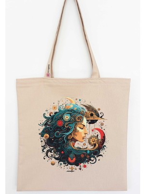 Mediterian Gökyüzü Temalı Bej Keten Bez Çanta, şık ve kullanışlı taşınabilir seçenek