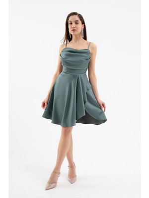 Kadın Firuze Volanlı Yırtmaçlı Kısa Saten Abiye & Mezuniyet Elbisesi