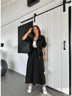 Qimya Butik Qimene Kadın Beli Bağcıklı Iri Cepli Ceketli Uzun Etekli Ikili Takım