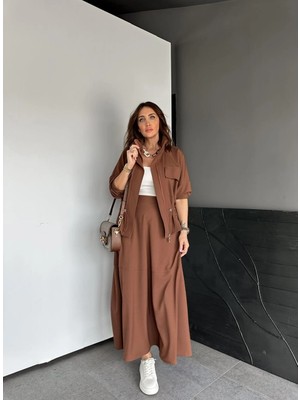 Qimya Butik Qimene Kadın Beli Bağcıklı Iri Cepli Ceketli Uzun Etekli Ikili Takım