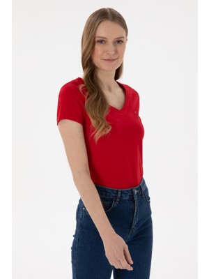 U.S. Polo Assn. Kadın Kırmızı V Yaka Basic Tişört 50300828-VR030