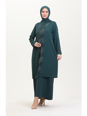 Sefa Merve Büyük Beden Elbise Yelek Ikili Takım 6140-07 Zümrüt Yeşili