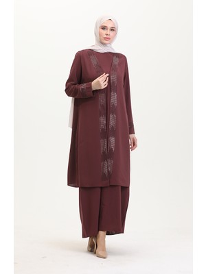 Sefa Merve Büyük Beden Elbise Yelek Ikili Takım 6140-01 Kiremit