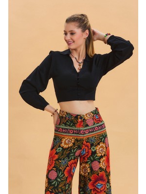 Gömlek Yaka Düğme Detaylı Crop Bluz
