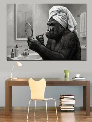 Banyoda Şempanze Anı Dekoratif Kanvas - Mdf Ahşap Tablo