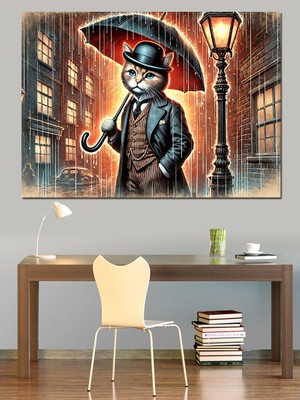 Sokak Lambası Altında Kedi Dekoratif Kanvas - Mdf Ahşap Tablo