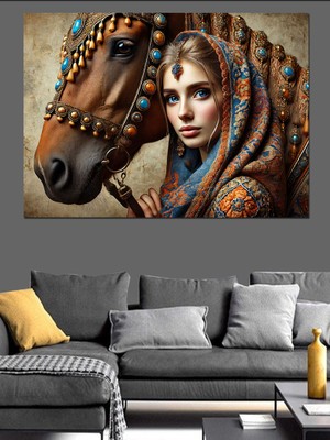 At ve Kadın Portresi Dekoratif Kanvas - Mdf Ahşap Tablo