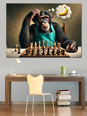 Satranç Oynayan Maymun Dekoratif Kanvas - Mdf Ahşap Tablo