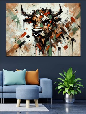 Soyut Boğa Çizimi Dekoratif Kanvas - Mdf Ahşap Tablo
