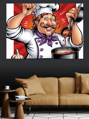 Şef ve Yemek Çizimi Dekoratif Kanvas - Mdf Ahşap Tablo