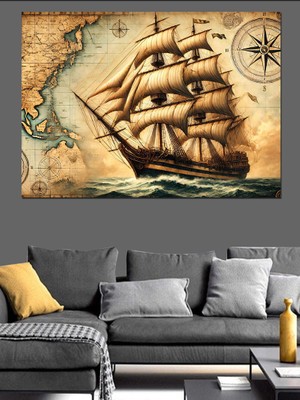 Harita Üstünde Yelkenli Dekoratif Kanvas - Mdf Ahşap Tablo