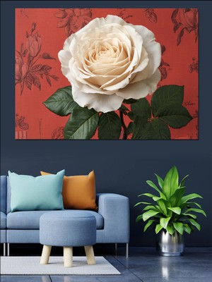 Beyaz Gül Çizimi Dekoratif Kanvas - Mdf Ahşap Tablo