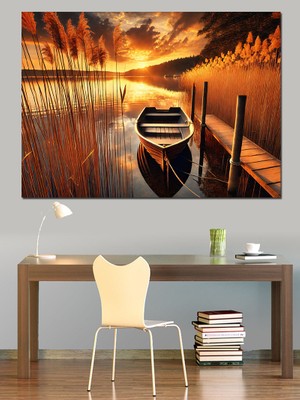 Gün Batımı ve Kayık Dekoratif Kanvas - Mdf Ahşap Tablo