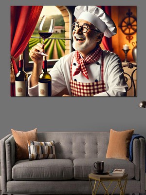 Şarap ve Mutlu Şef Dekoratif Kanvas - Mdf Ahşap Tablo