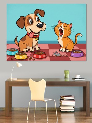 Sevimli Köpek ve Kedi Dekoratif Kanvas - Mdf Ahşap Tablo