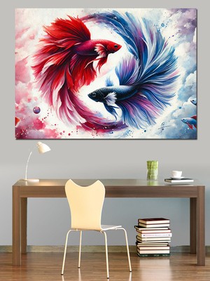 Renkli Beta Balığı Çizimi Dekoratif Kanvas - Mdf Ahşap Tablo