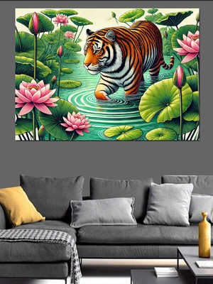 Nilüferde Kaplan Çizimi Dekoratif Kanvas - Mdf Ahşap Tablo