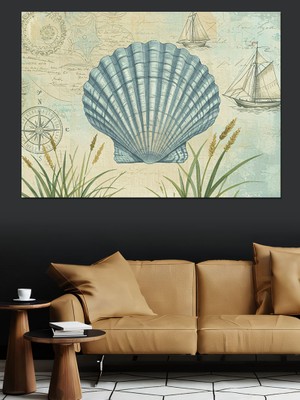 Deniz Kabuğu ve Yelkenli Dekoratif Kanvas - Mdf Ahşap Tablo