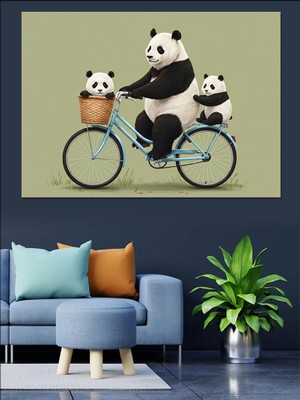 Bisiklet Süren Pandalar Dekoratif Kanvas - Mdf Ahşap Tablo