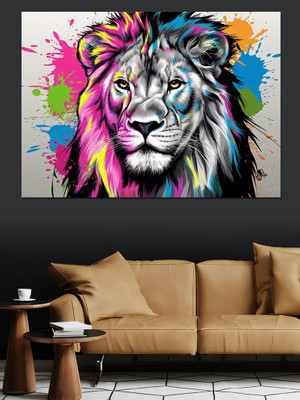 Renkli Aslan Portresi Dekoratif Kanvas - Mdf Ahşap Tablo