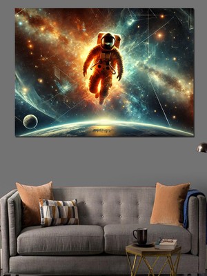 Uzayda Astronot Çizimi Dekoratif Kanvas - Mdf Ahşap Tablo