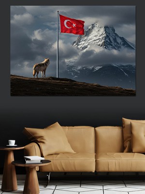 Türk Bayrağı ve Dağ Manzarası Dekoratif Kanvas - Mdf Ahşap Tablo