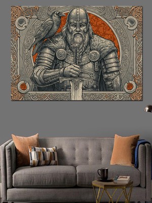 Viking Savaşçı Heykeli Dekoratif Kanvas - Mdf Ahşap Tablo