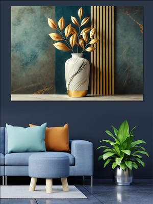 Altın Vazo Çiçekleri Dekoratif Kanvas - Mdf Ahşap Tablo