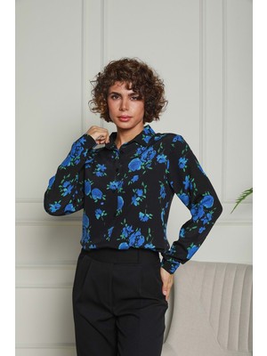 Mavi Çiçekli Dokuma Gömlek Siyah 1500049