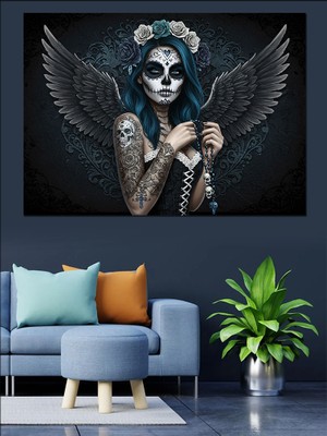 Melek ve Kurukafa Sanatı Dekoratif Kanvas - Mdf Ahşap Tablo