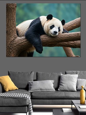 Ağaçta Panda Çizimi Dekoratif Kanvas - Mdf Ahşap Tablo