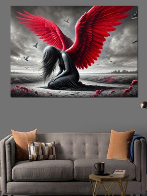 Kırmızı Kanatlı Melek Dekoratif Kanvas - Mdf Ahşap Tablo