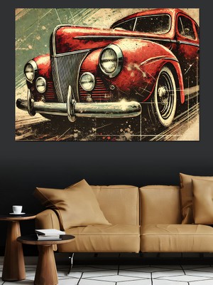 Retro Kırmızı Araba Dekoratif Kanvas - Mdf Ahşap Tablo