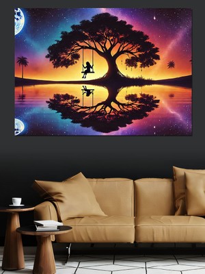 Gün Batımında Ağaç ve Insan Dekoratif Kanvas - Mdf Ahşap Tablo