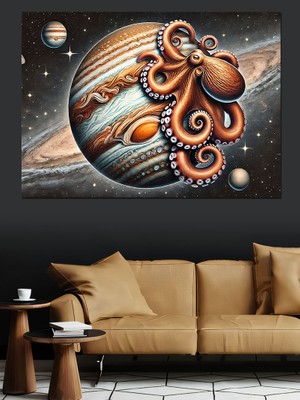 Uzayda Dev Ahtapot Dekoratif Kanvas - Mdf Ahşap Tablo