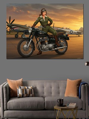 Kadın ve Askeri Motor Dekoratif Kanvas - Mdf Ahşap Tablo