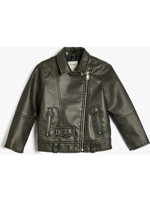 Koton Biker Ceket Deri Görünümlü Fermuar Kapamalı Cep Detaylı