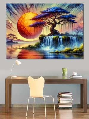 Gün Batımı Şelale Dekoratif Kanvas - Mdf Ahşap Tablo