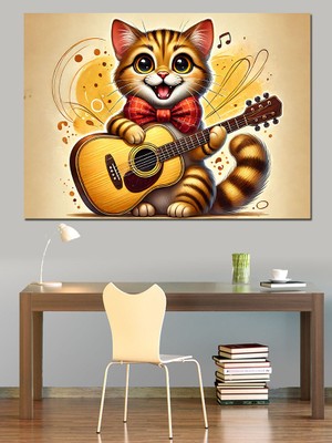 Gitar Çalan Kedi Dekoratif Kanvas - Mdf Ahşap Tablo