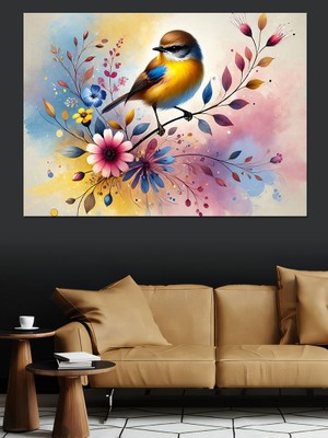 Renkli Çiçekli Serçe Dekoratif Kanvas - Mdf Ahşap Tablo