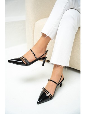 Eliva Siyah Rugan Tokalı Kadın Topuklu Ayakkabı