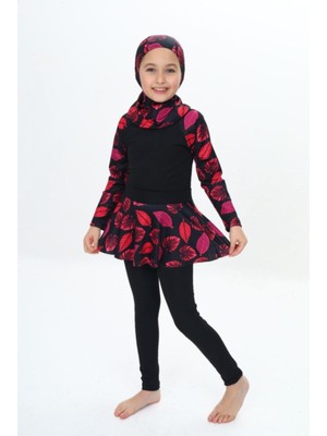 Yeni Sezon Üç Parça Dalgıç Kumaş Uzun Kollu Tayt-Etekli-Uv Korumalı-Boneli Kız Çocuk Haşema-Mayo